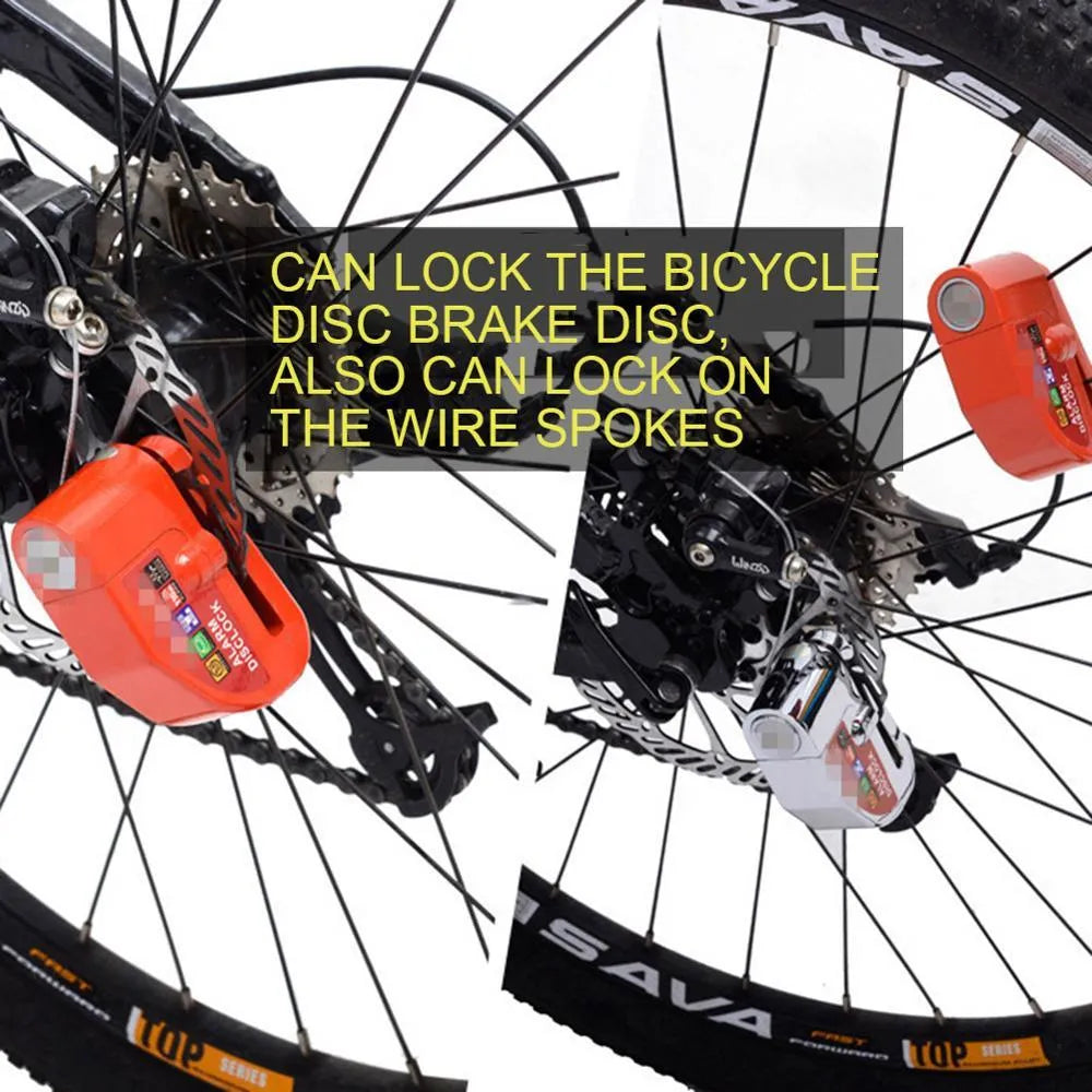 Steel bicycle disc brake alarm lock in black, red, and orange set, for mountain bikes.