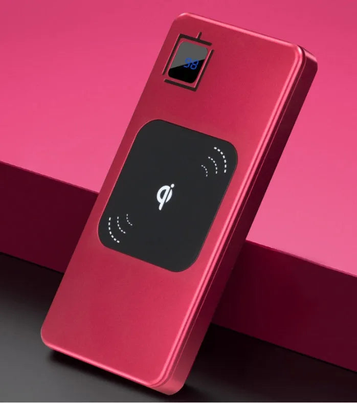Silver alloy portable power bank with LCD display showing battery level.