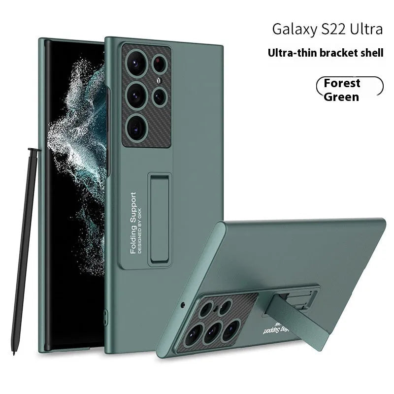 Ultra-thin PC phone case for Samsung S25 Ultra with magnetic bracket, shockproof cover in forest green.
