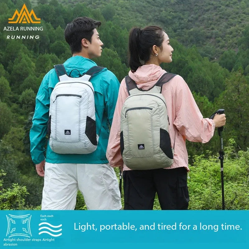 AZELA lightweight hiking backpack in white with multiple pockets and breathable mesh straps, outdoor travel daypack