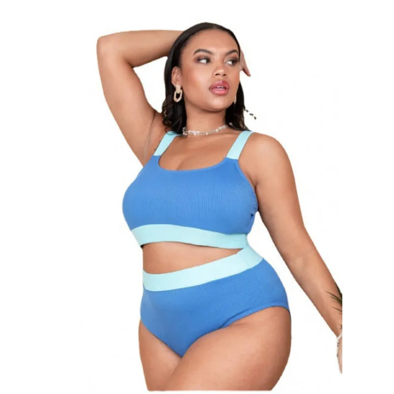 Women's polyester high-waist bikini swimsuit with split-leg briefs in solid colour