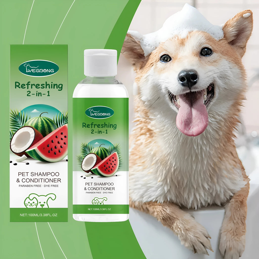 100ml bottle of 2-in-1 pet shampoo and shower gel with coconut and watermelon extract.