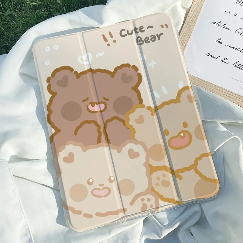 Silicone iPad tri-fold case with a cartoon rabbit design, laid flat.