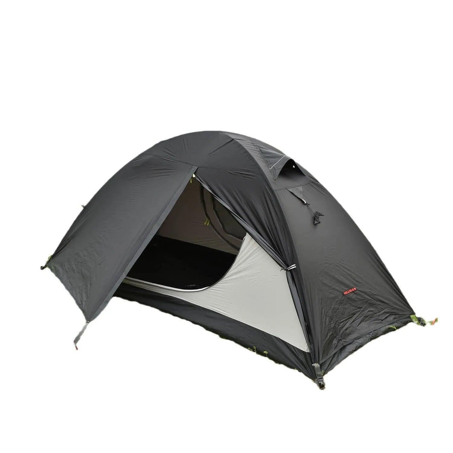 A single person hiking tent with aluminium poles, shown in a black colour option, packed to show its compact size.