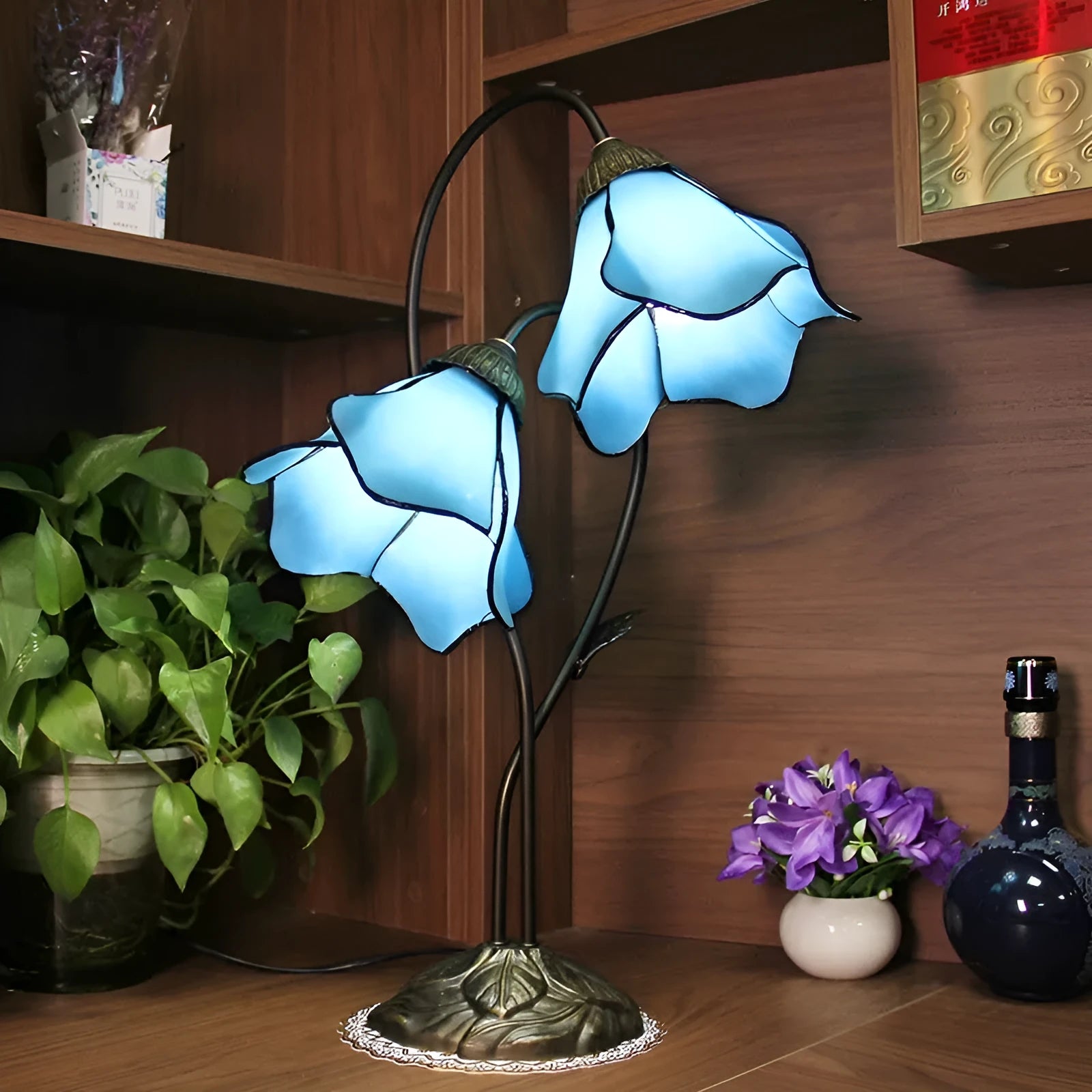 American classical desk lamp with lotus design in glass construction, available in single and double-head configurations
