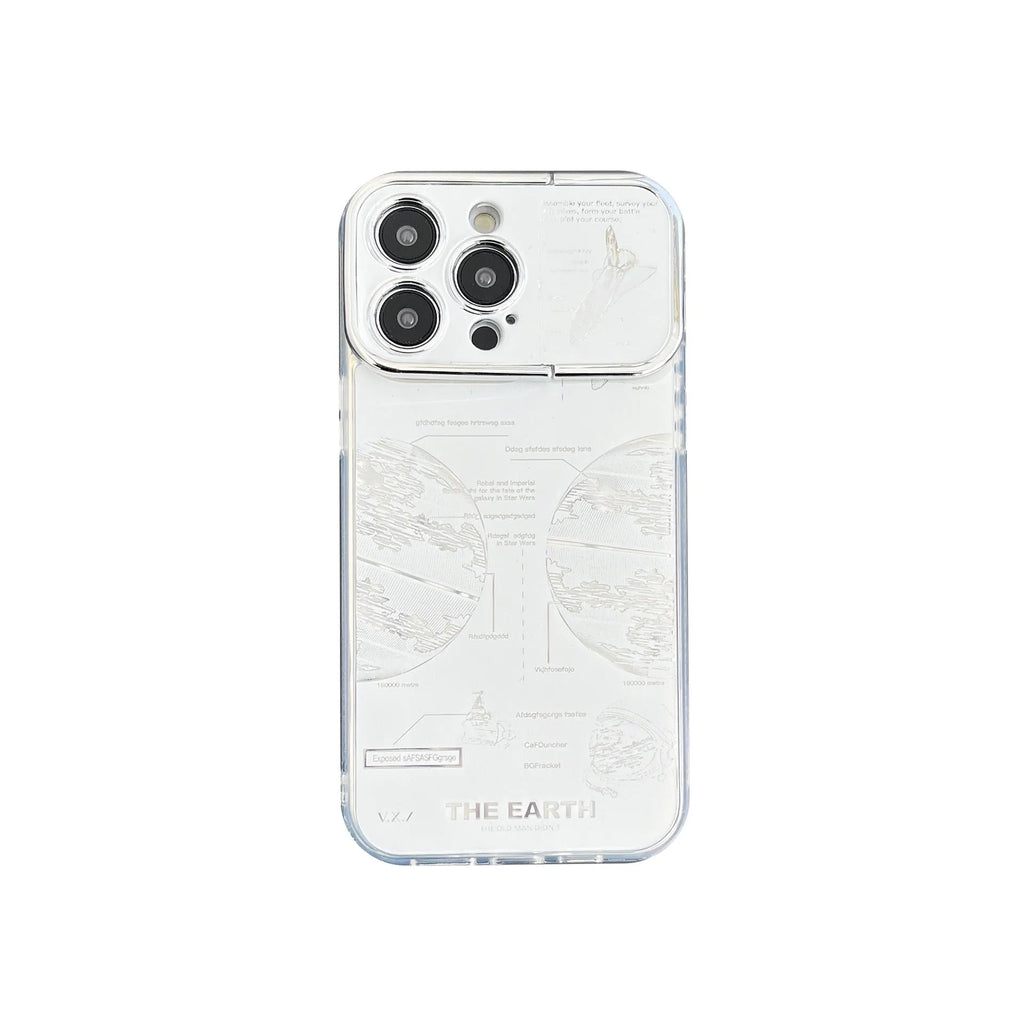 Pleated bracket TPU phone case with metal planet design for iPhone 14 Pro, two colour options shown