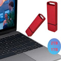Customisable metal USB flash drive in black, red, and silver colours showing large capacity options.