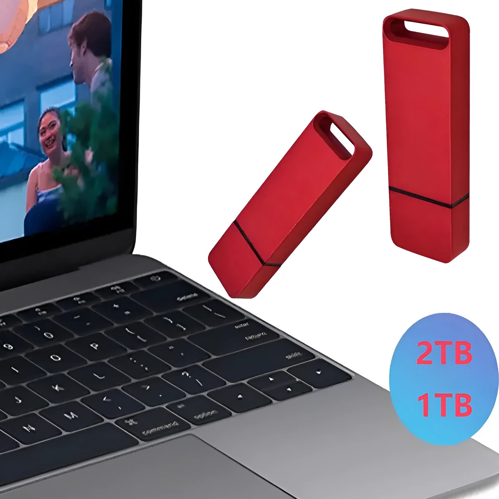 Customisable metal USB flash drive in black, red, and silver colours showing large capacity options.