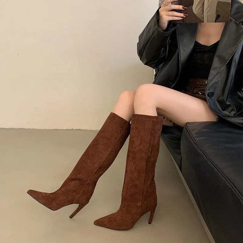 Women's European style pointed high boots in apricot satin with stiletto heel and high shaft