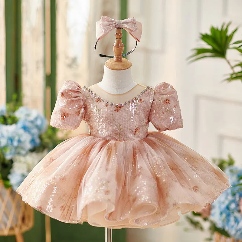 Girls' pink princess dress for birthday and piano recital, available in heights 80cm to 150cm