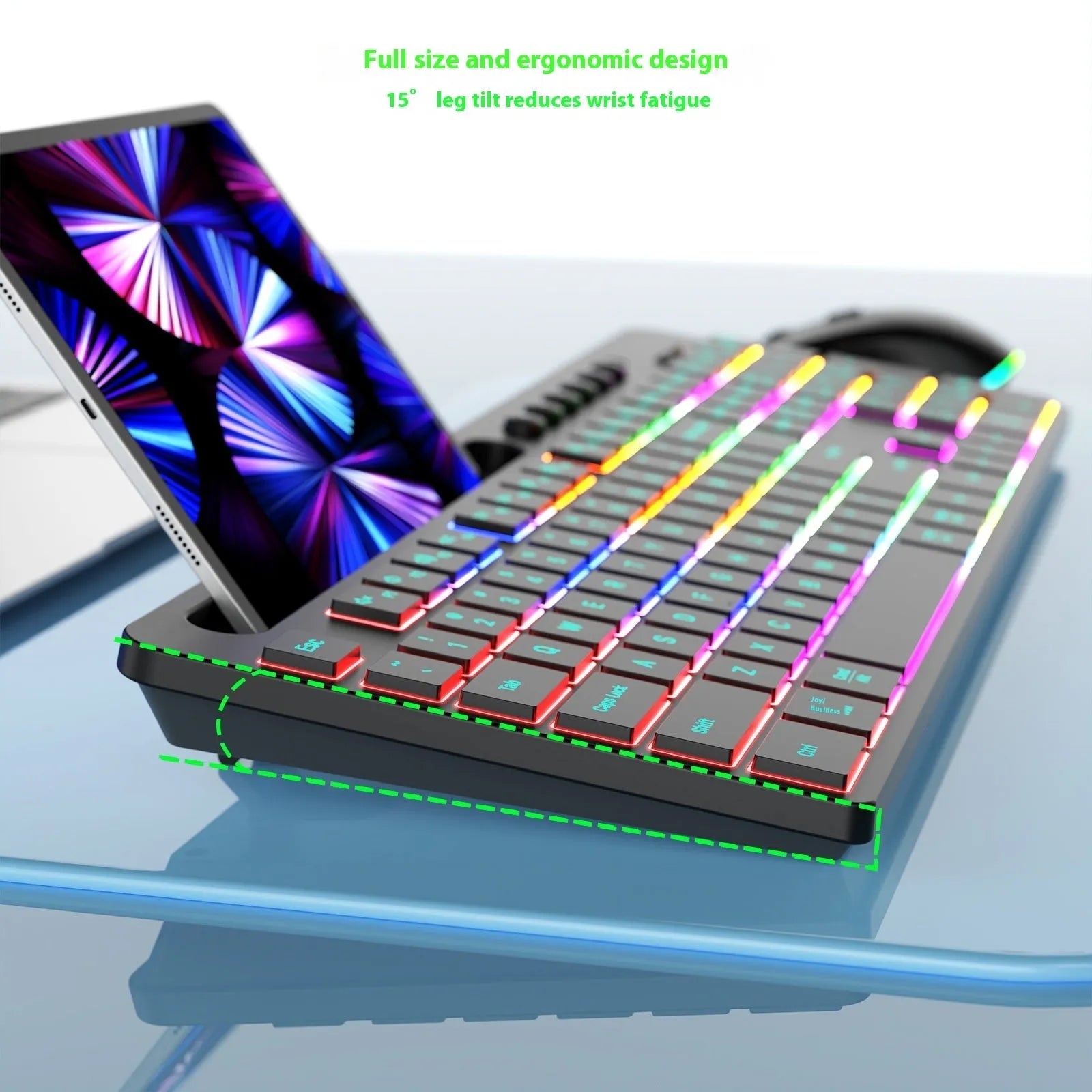 Wireless keyboard and mouse set with luminous keys and ergonomic mouse design