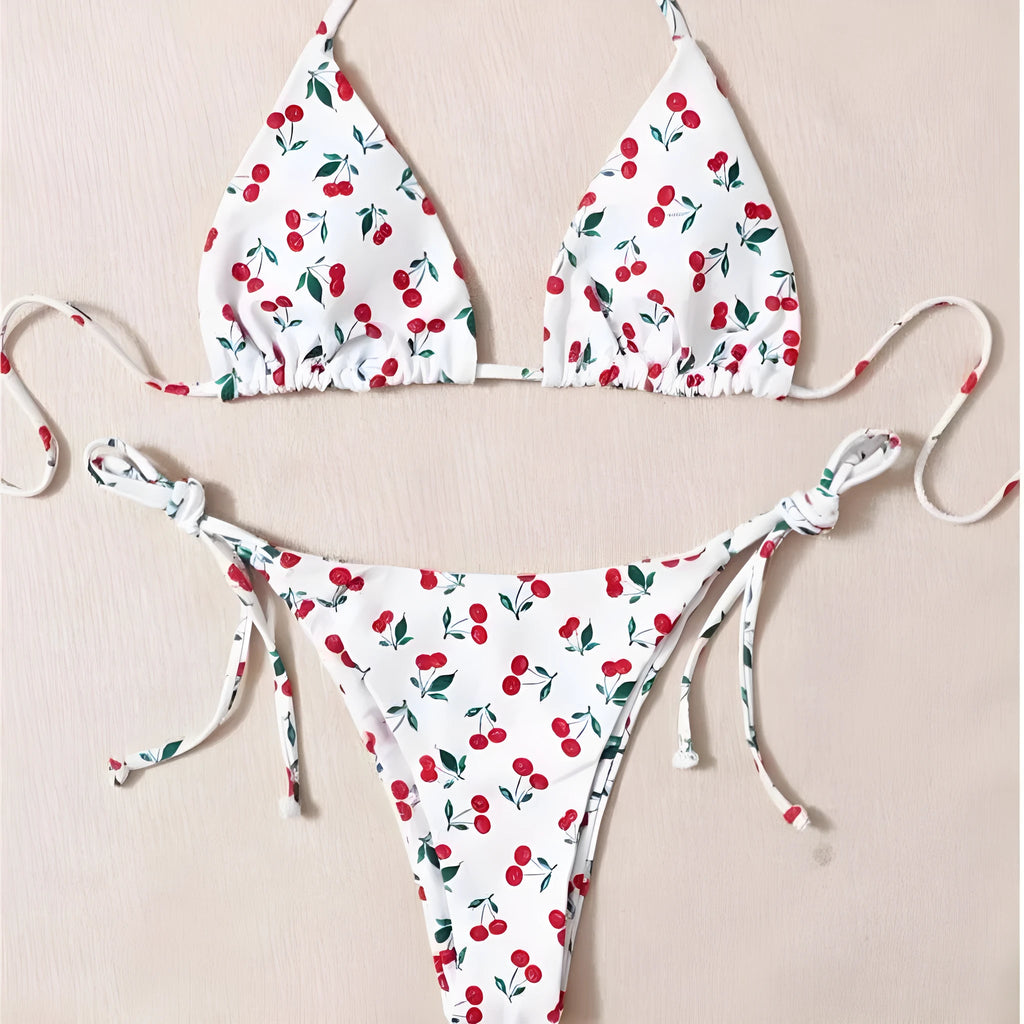 Solid colour halter neck bikini top with backless briefs in nylon.