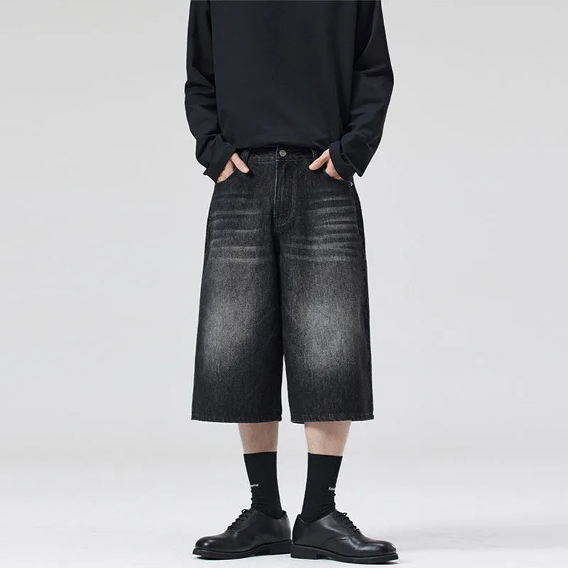 Men's straight-leg denim shorts in cropped length showing light blue colour option