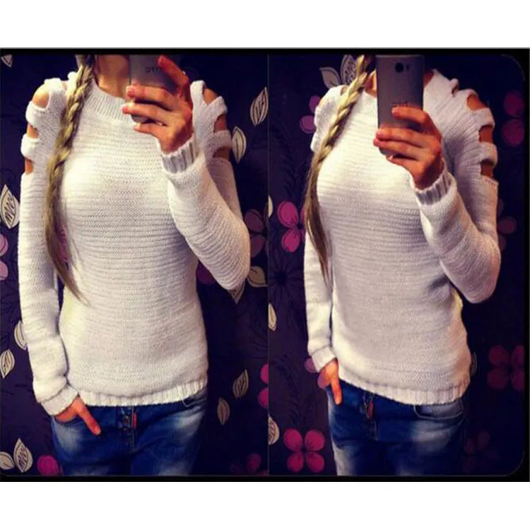 Women's grey crocheted hollow-out long-sleeve pullover shirt laid flat.