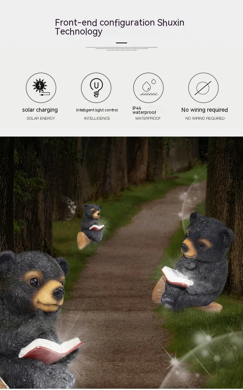 Black bear solar light ornament made of synthetic resin in modern simplicity style for garden pathways