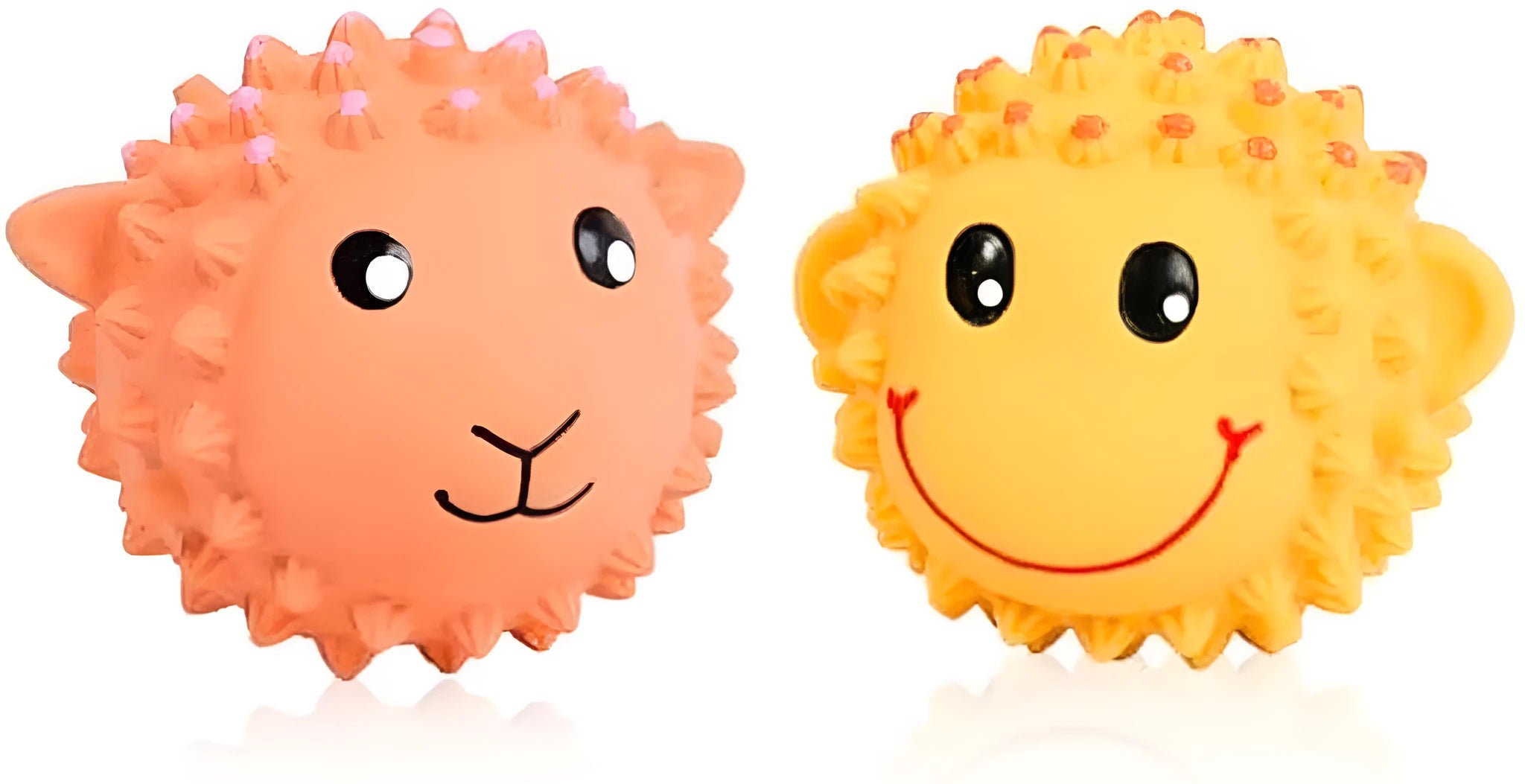 Orange and yellow spiky latex squeaky dog toy shaped like an animal ball
