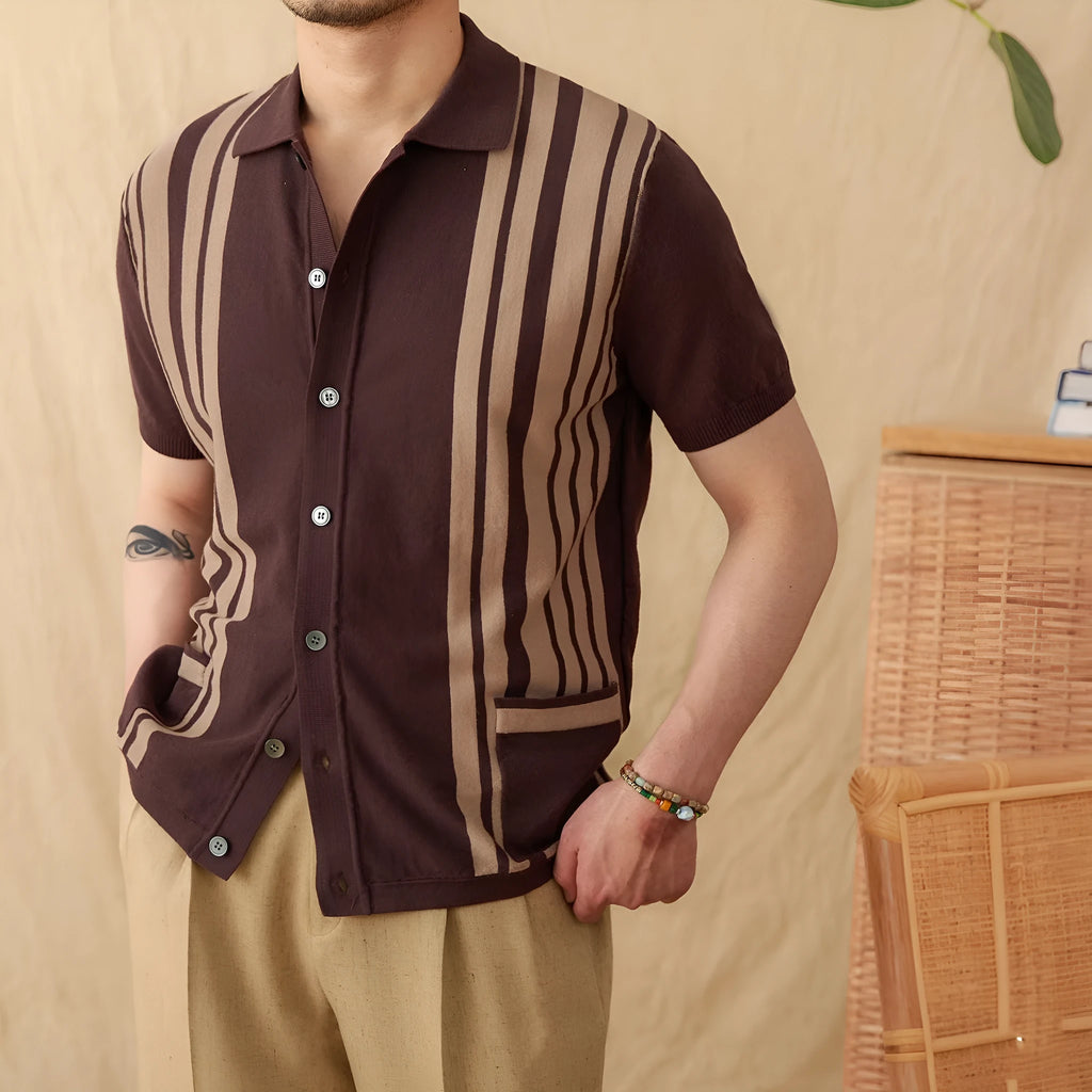 Short-sleeve striped knitted cardigan polo shirt with a lapel collar, shown in light blue.