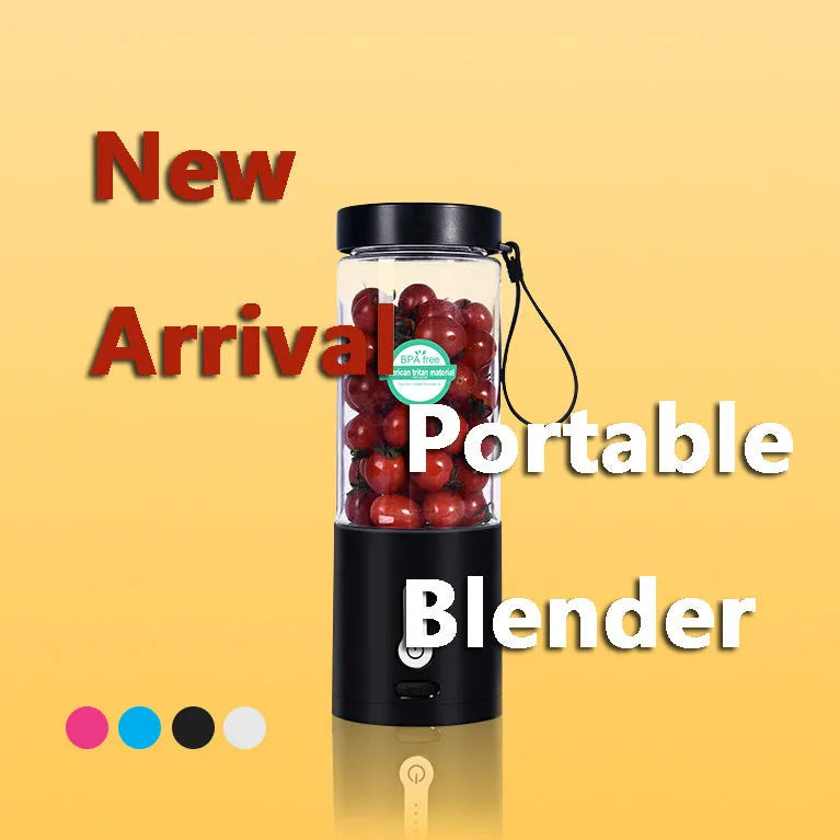 Portable rechargeable blender with 530ml cup in various colours including black, white, blue, and rose red