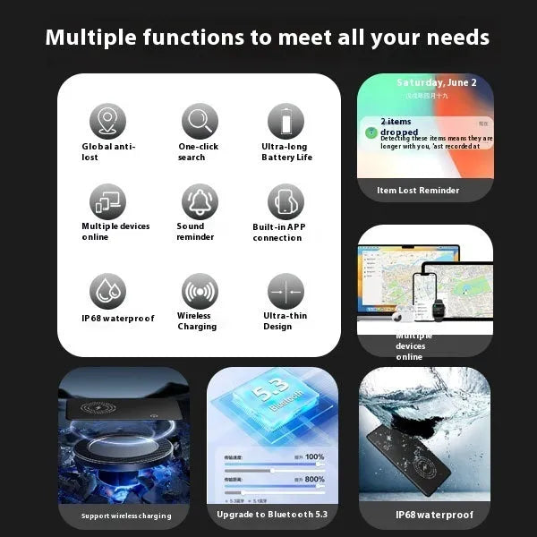Black slim MFI Findmy Android tracking card with keychain loop, dimensions 84mm by 52mm.