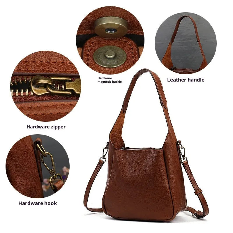 Solid colour women's cross-body bag in brown genuine first layer cowhide with sandwich pocket and single shoulder strap