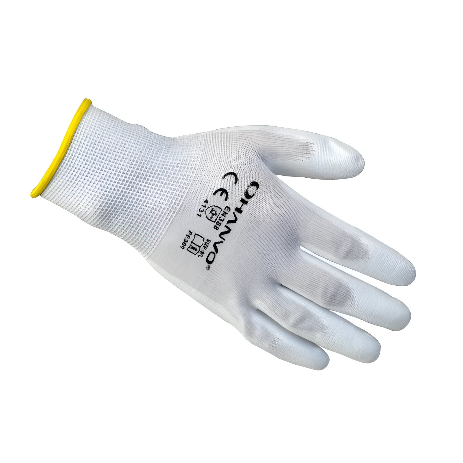 White PU coated work gloves with breathable cotton backing, shown in sizes L and M.