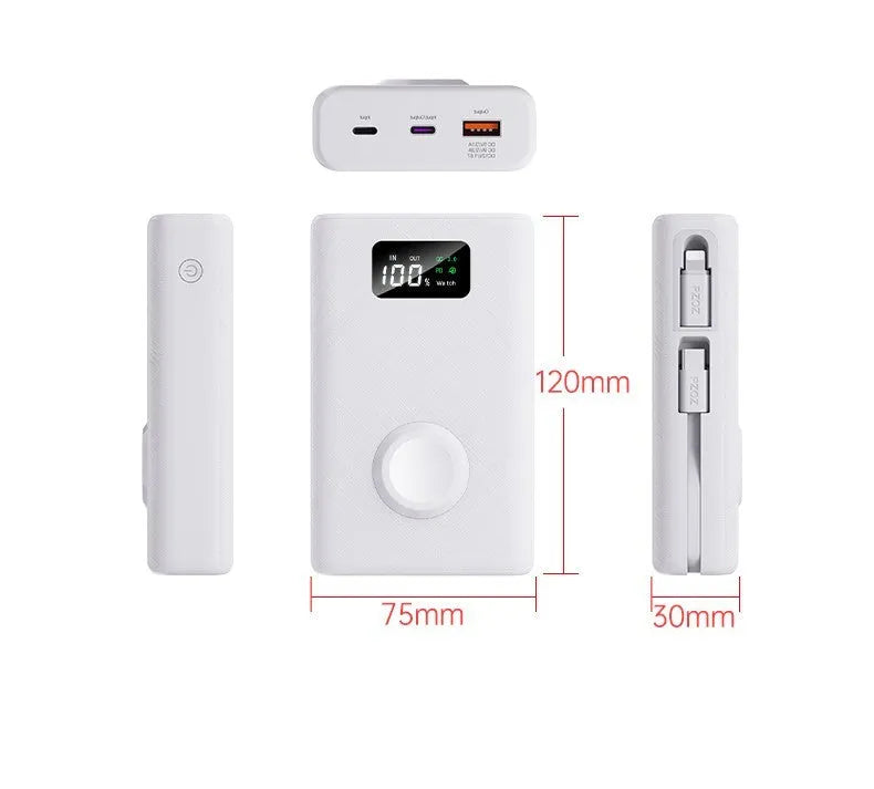 White and black 20000mAh 7-in-1 wireless charger with power bank bracket showing display screen and charging ports