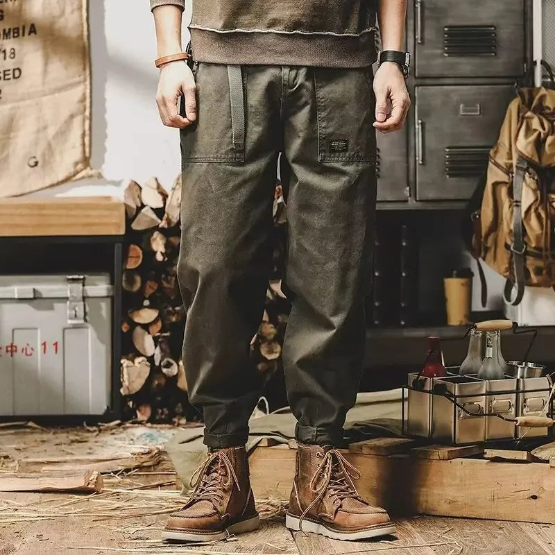 American retro lumberjack style ankle banded trousers for men in khaki, straight leg drawstring pants