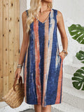 Women's striped colour block sleeveless V-neck dress in a casual style.