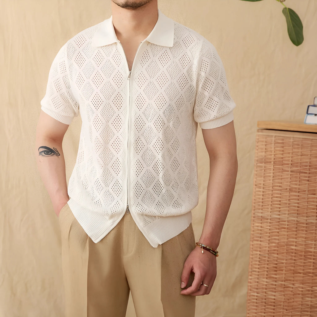 Casual cotton cardigan with front zipper, short sleeves, and lapel collar in light brown colour