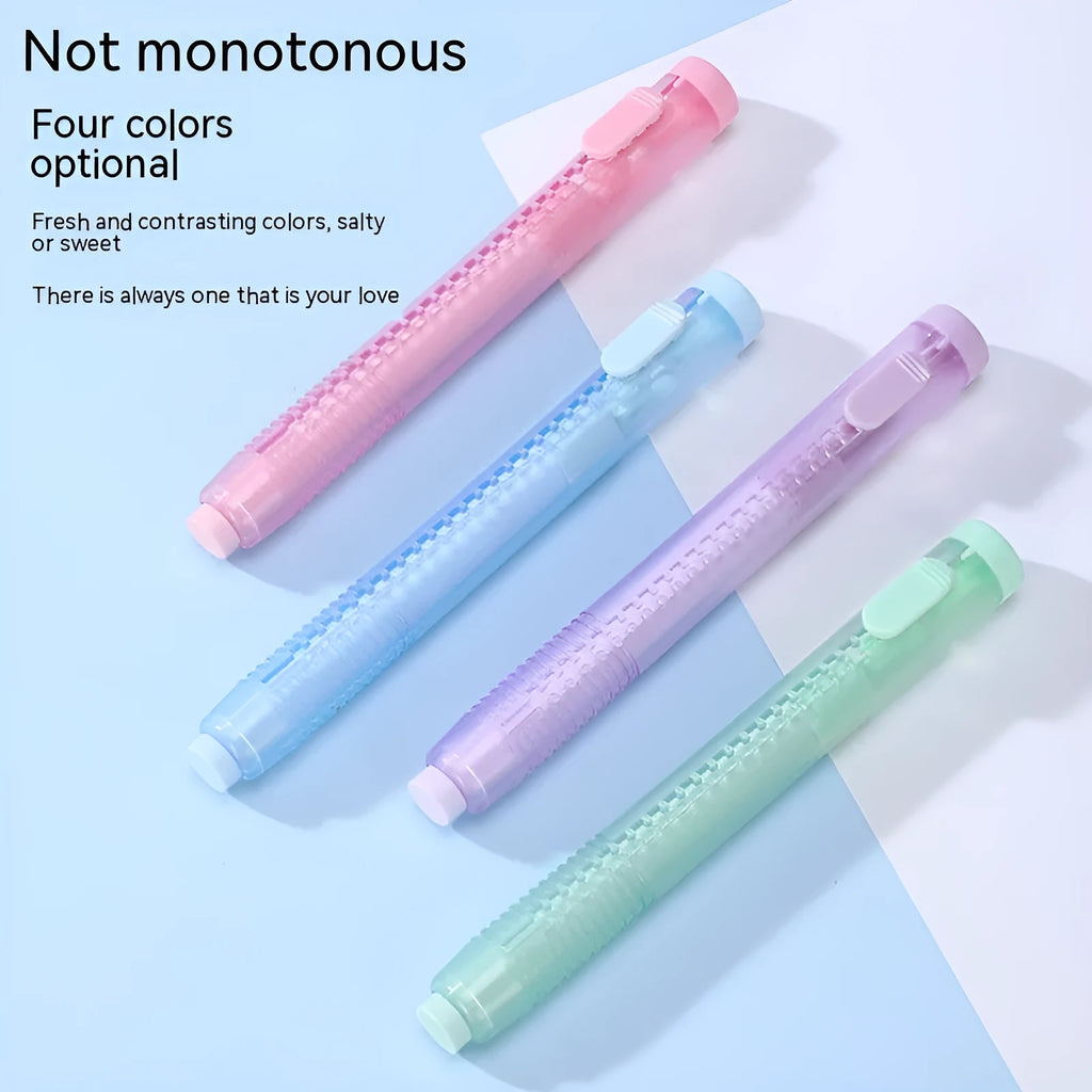 Push type automatic children's eraser in blue, green, pink, purple colours measuring 12cm by 8cm