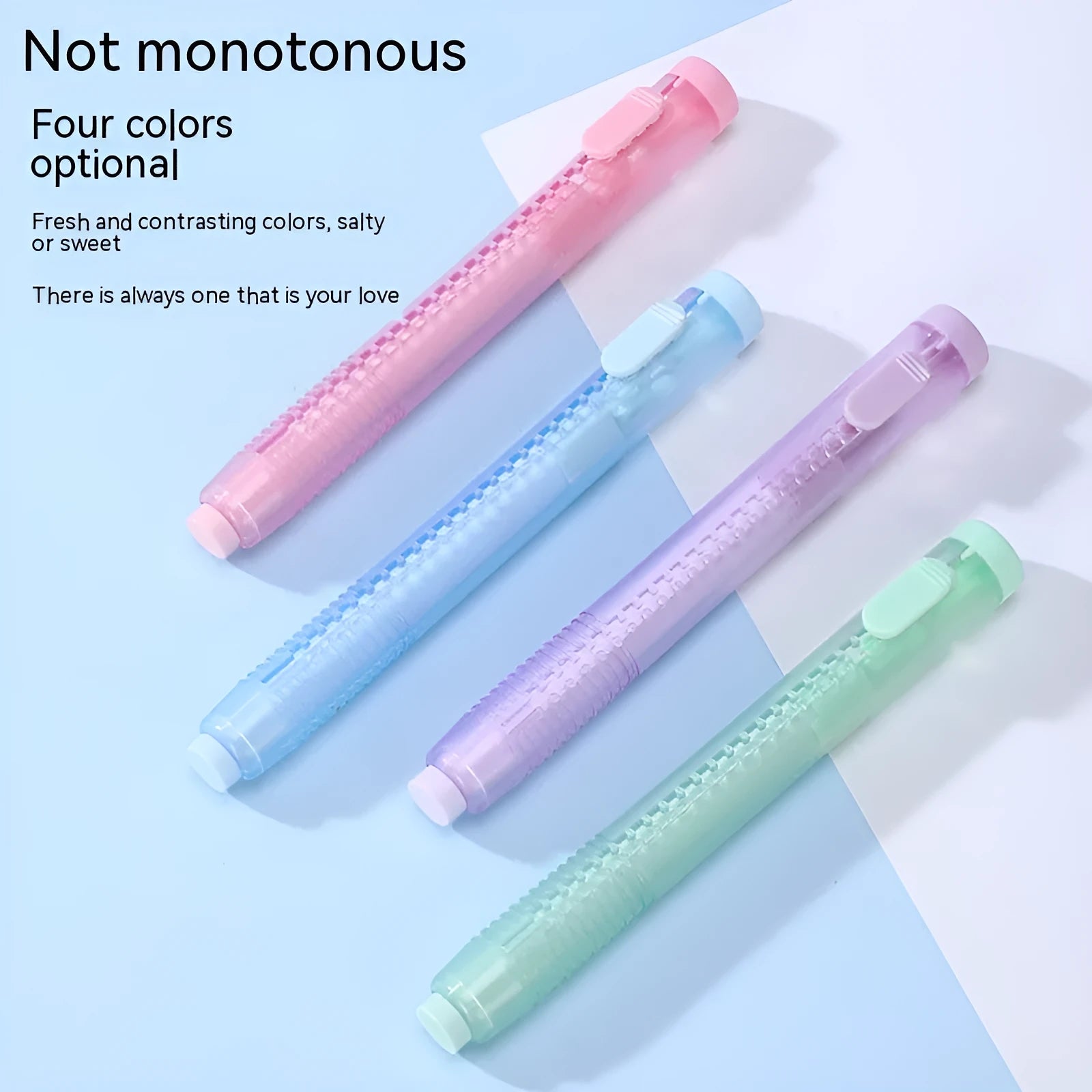 Push type automatic children's eraser in blue, green, pink, purple colours measuring 12cm by 8cm
