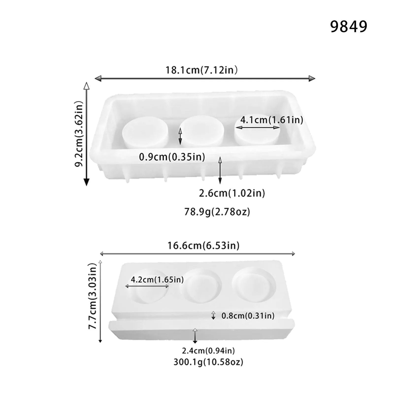 Set of five silicone moulds for tray decoration and candlestick making, including long candle holder, round base, and pacifier shapes, on a neutral background.