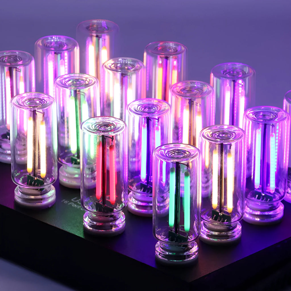 Small transparent glass USB touch night lamp in modern minimalist style.