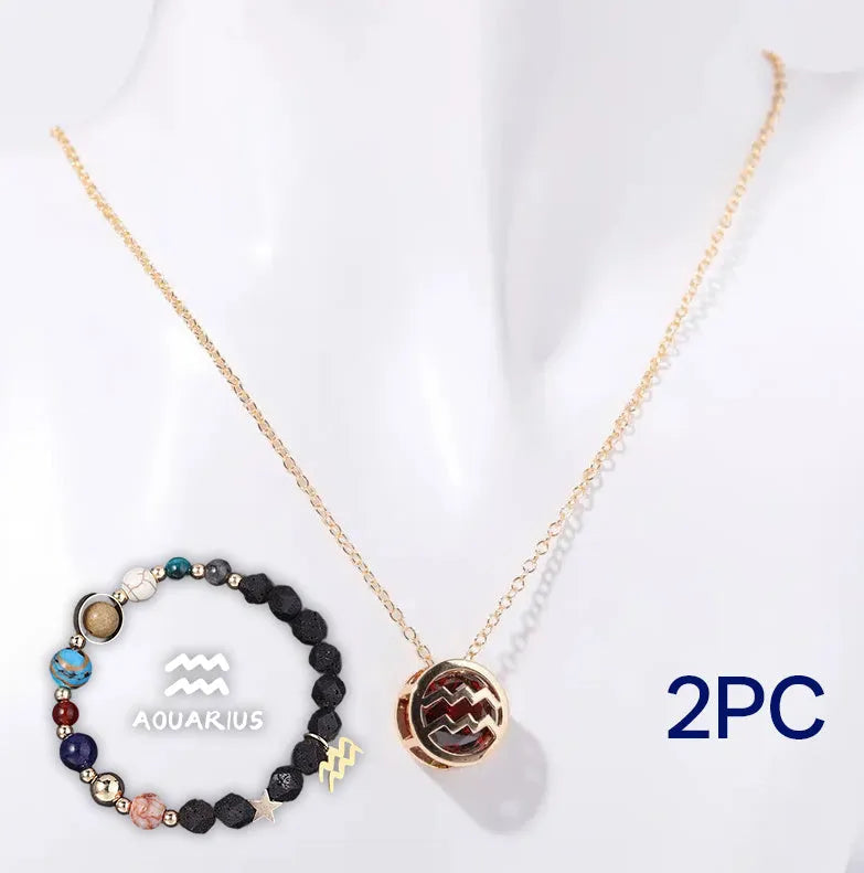 Natural stone beaded necklace and matching bracelet set on a textured background