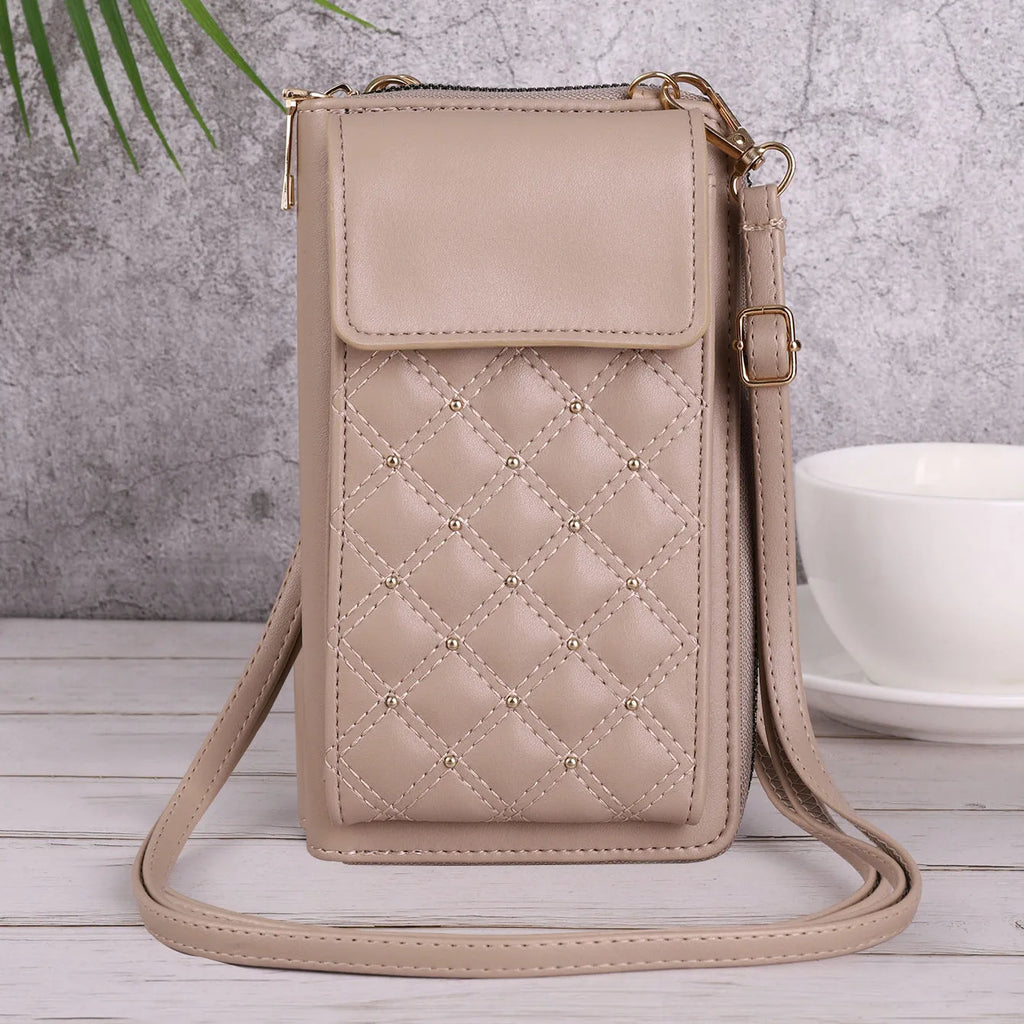 Fashion all-match mobile phone bag classic rhombus light luxury clamshell PU square vertical black khaki