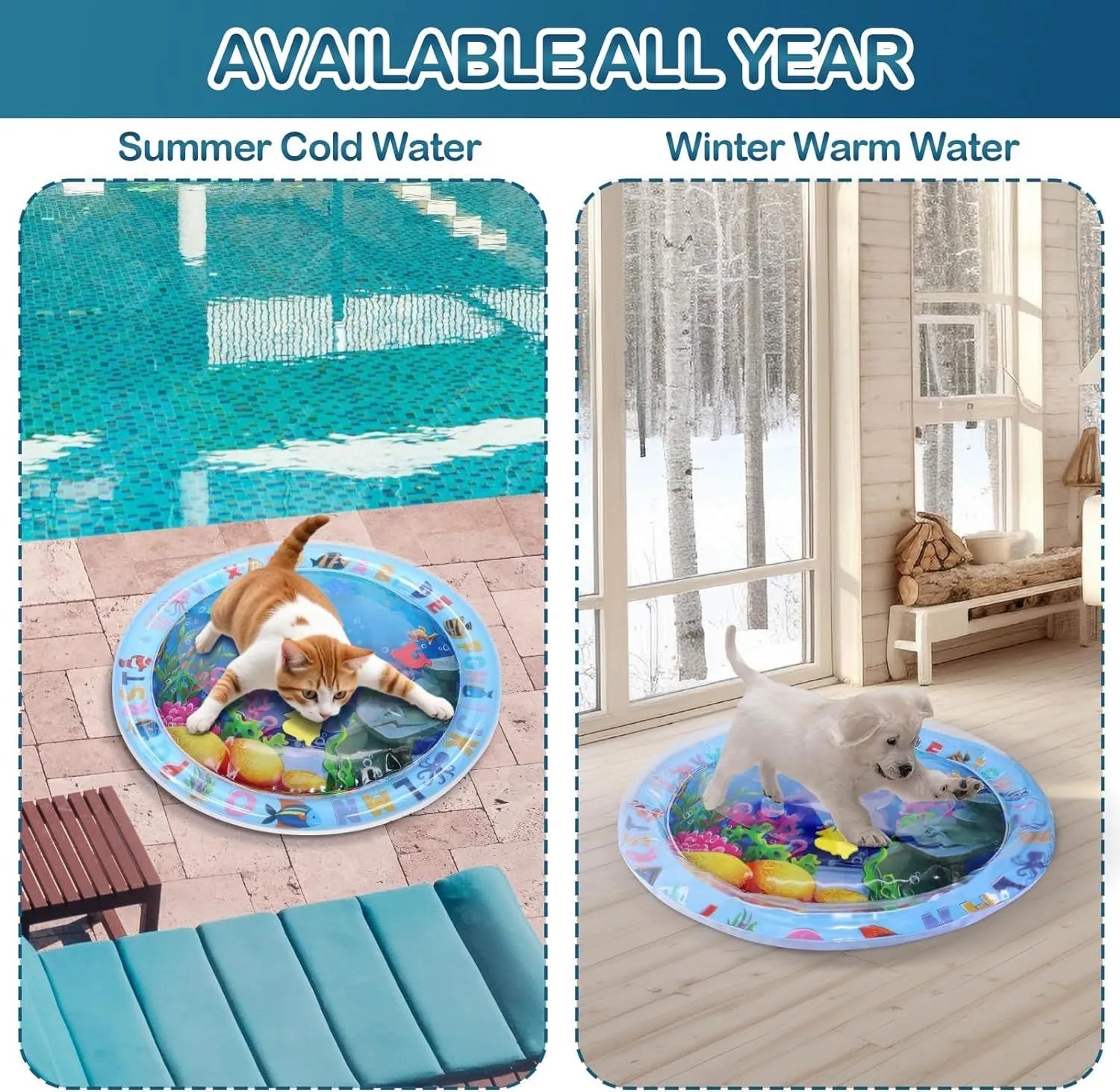Square blue water sensory playmat for cats and dogs with ocean fish design and floating toys inside.