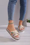 Creamy-white women's platform sandals with beach bow decoration and cloth construction