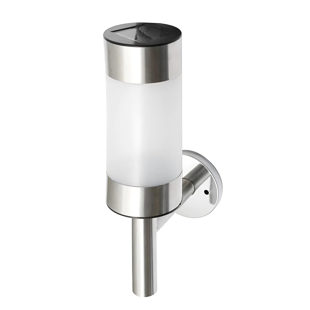 White solar wall light with stainless steel mount measuring 7.6x12x25cm