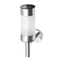 White solar wall light with stainless steel mount measuring 7.6x12x25cm