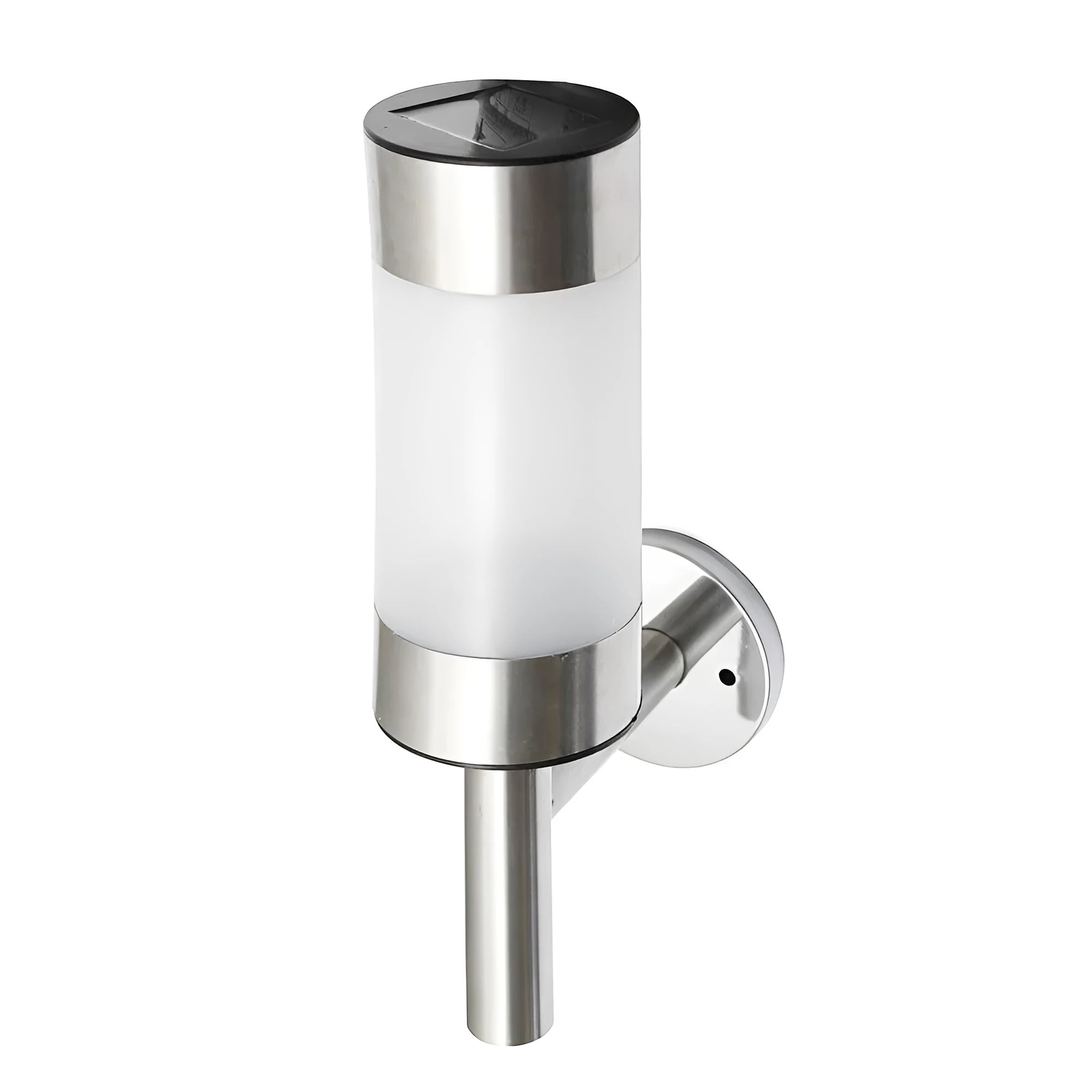 White solar wall light with stainless steel mount measuring 7.6x12x25cm