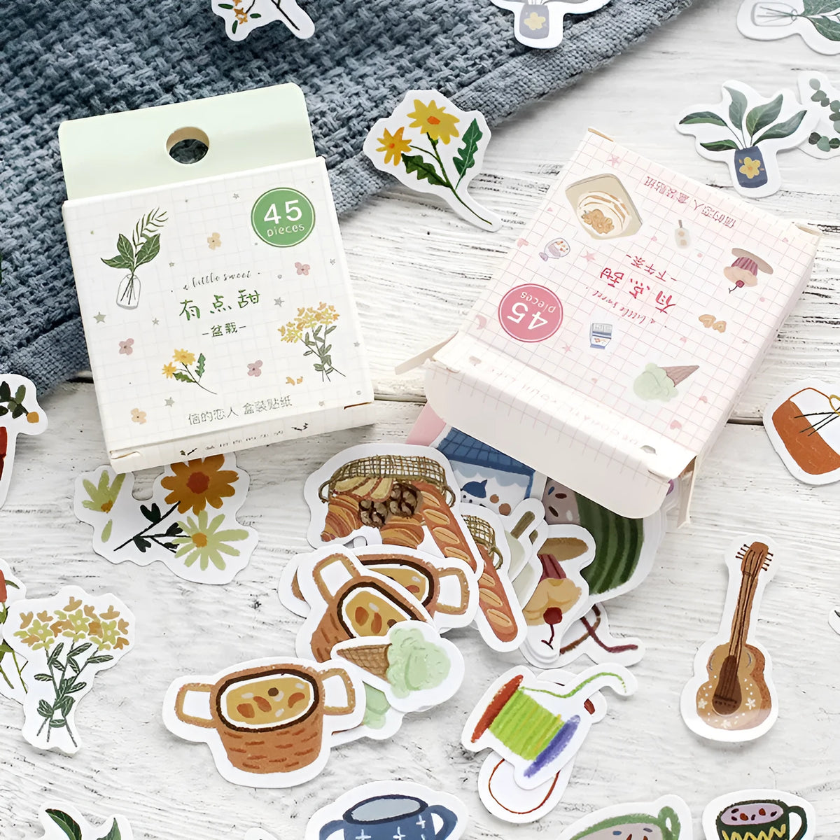 Boxed sticker pack with 45 cute cartoon stickers, each 43x43mm, in four theme options