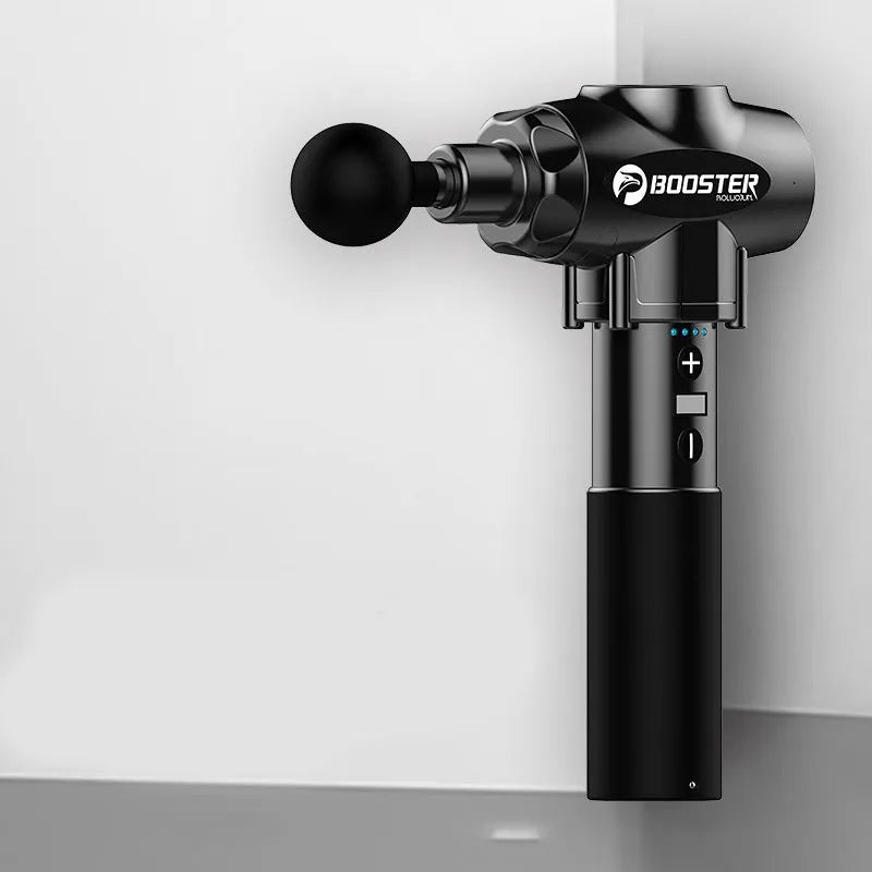 Black and white muscle relaxation massager with lithium battery showing 1800-3200r/min speed and 12mm stroke specifications