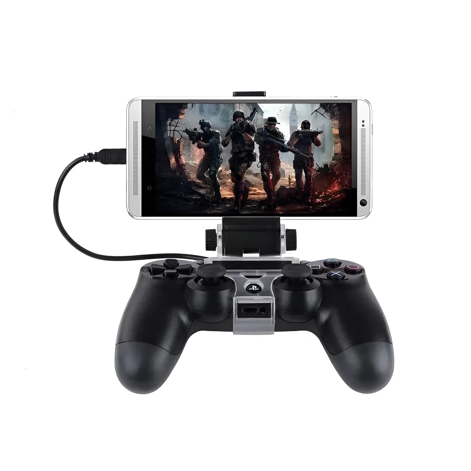 Black PS4 controller phone clip mount with OTG cable for Android gaming up to 6-inch screens