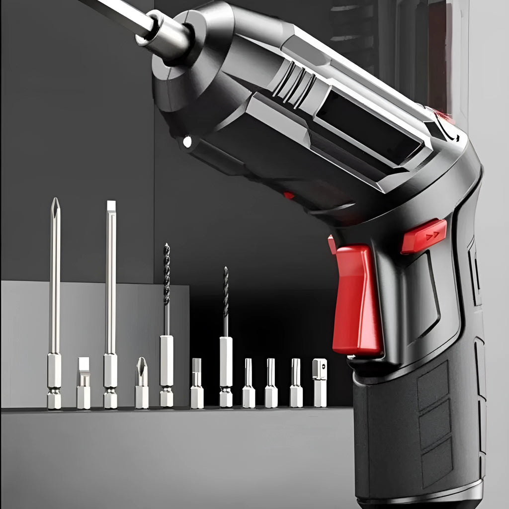 Compact lithium electric screwdriver drill in utility bag for DIY home use