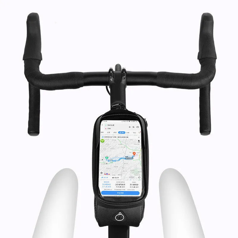 Black grey bicycle bag with reflective strips and Velcro straps for mountain bike mobile phone storage