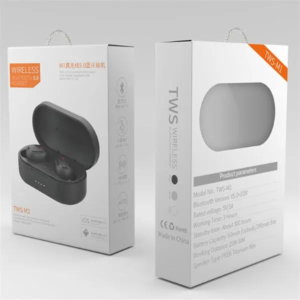 M1 Bluetooth wireless stereo headset in black or white colour with earbud design