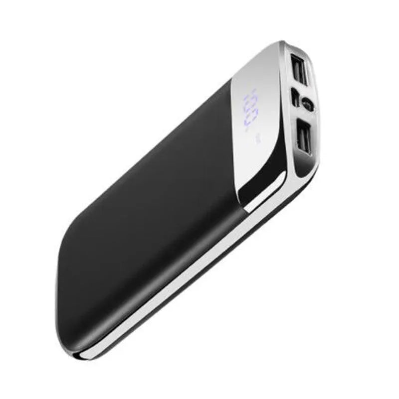 Y10 portable power bank with LCD display showing battery percentage, in black colour with two USB ports.