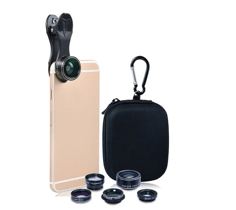Black universal 5-in-1 smartphone lens kit showing fisheye, wide angle, macro, telephoto and CPL filter lenses with clip mount