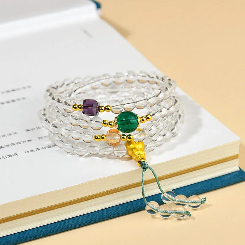 White crystal 108-bead rosary bracelet necklace with geometric shaping and ethnic design elements