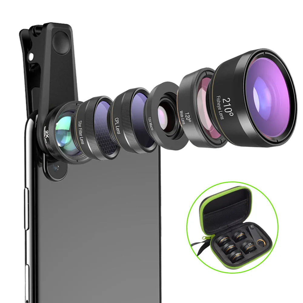 Black universal smartphone lens kit with six detachable lenses including fisheye, macro, and telephoto, shown with clip and case.